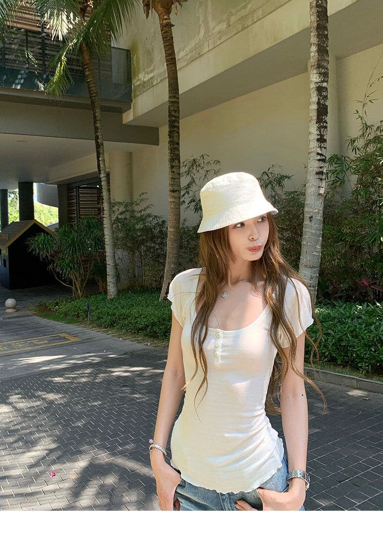 원본 원단 대 u 칼라 반팔 티셔츠 여성 여름 프로 피부 얇고 가벼운 작은 날다 소매 맨위 상세 이미지 25