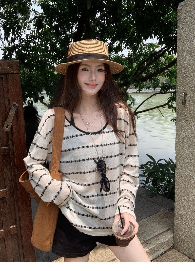 원본 컬러 짜임 기사 스트라이프 자외선 차단 블라우스 여성 여름 루즈핏 행침 목 슬립 긴팔 투피스 슈트 맨위 상세 이미지 2