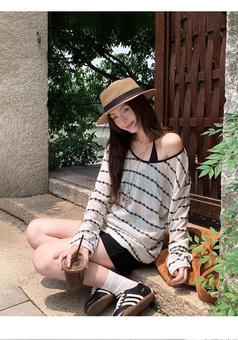원본 컬러 짜임 기사 스트라이프 자외선 차단 블라우스 여성 여름 루즈핏 행침 목 슬립 긴팔 투피스 슈트 맨위 상세 이미지 7