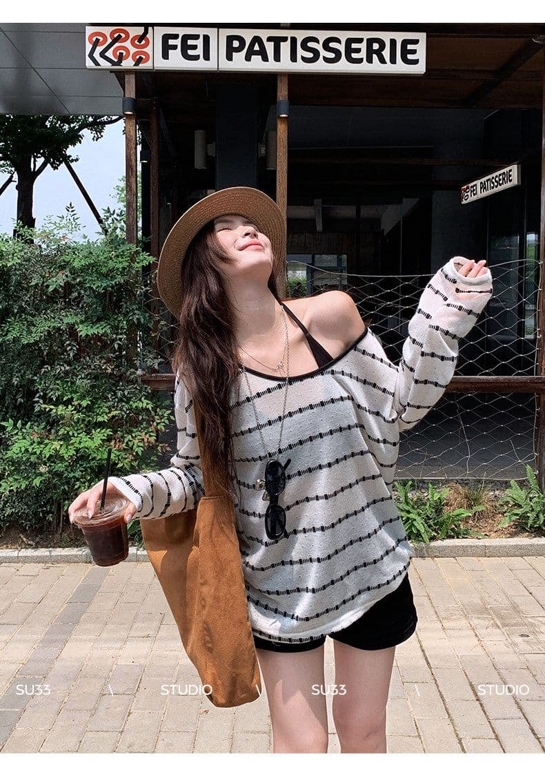 원본 컬러 짜임 기사 스트라이프 자외선 차단 블라우스 여성 여름 루즈핏 행침 목 슬립 긴팔 투피스 슈트 맨위 상세 이미지 10
