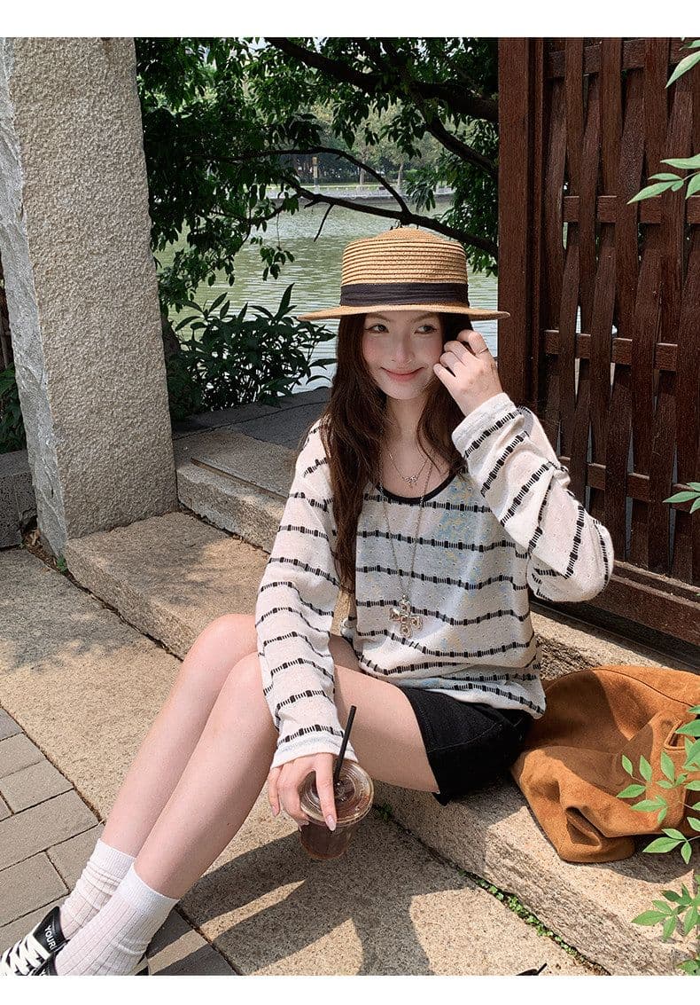 원본 컬러 짜임 기사 스트라이프 자외선 차단 블라우스 여성 여름 루즈핏 행침 목 슬립 긴팔 투피스 슈트 맨위 상세 이미지 11