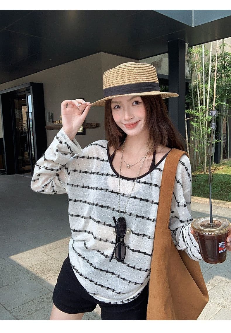 원본 컬러 짜임 기사 스트라이프 자외선 차단 블라우스 여성 여름 루즈핏 행침 목 슬립 긴팔 투피스 슈트 맨위 상세 이미지 13