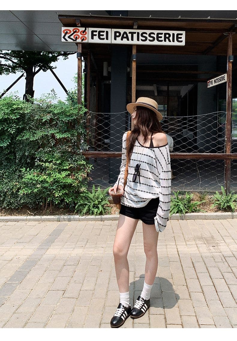 원본 컬러 짜임 기사 스트라이프 자외선 차단 블라우스 여성 여름 루즈핏 행침 목 슬립 긴팔 투피스 슈트 맨위 상세 이미지 14