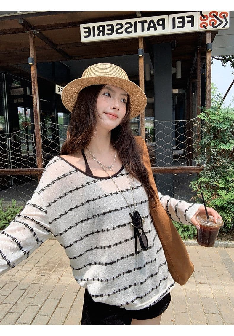 원본 컬러 짜임 기사 스트라이프 자외선 차단 블라우스 여성 여름 루즈핏 행침 목 슬립 긴팔 투피스 슈트 맨위 상세 이미지 15