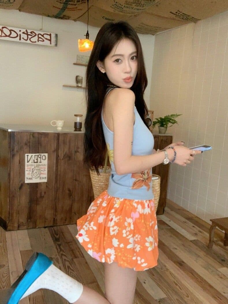 kull 착용 가져 가라. 세트 꽃 프린트 단어 캐미솔 여름 꽃밭 반신 스커트 미니 스커트 투피스 세트 상세 이미지 3
