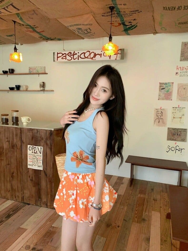 kull 착용 가져 가라. 세트 꽃 프린트 단어 캐미솔 여름 꽃밭 반신 스커트 미니 스커트 투피스 세트 상세 이미지 5