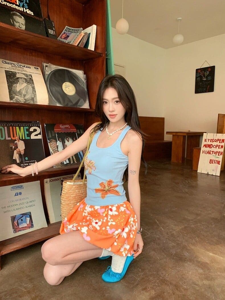 kull 착용 가져 가라. 세트 꽃 프린트 단어 캐미솔 여름 꽃밭 반신 스커트 미니 스커트 투피스 세트 상세 이미지 8