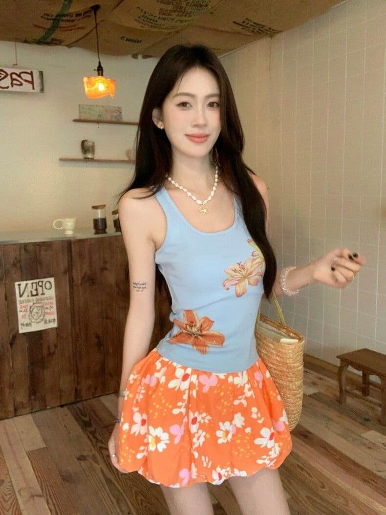 kull 착용 가져 가라. 세트 꽃 프린트 단어 캐미솔 여름 꽃밭 반신 스커트 미니 스커트 투피스 세트 상세 이미지 14