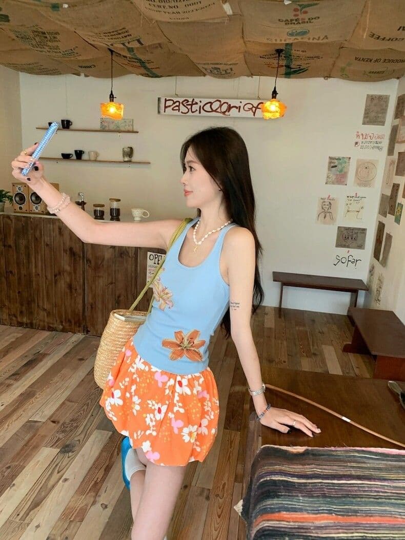 kull 착용 가져 가라. 세트 꽃 프린트 단어 캐미솔 여름 꽃밭 반신 스커트 미니 스커트 투피스 세트 상세 이미지 17