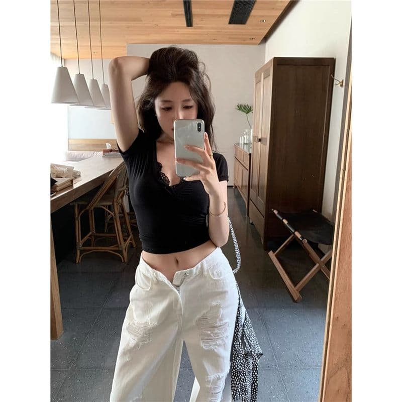 경관 그림 원본 품질 레이스 조각 V넥 반팔 긍정적 인 어깨 섹시함 순수한 욕망 몸매 가꾸기 티셔츠