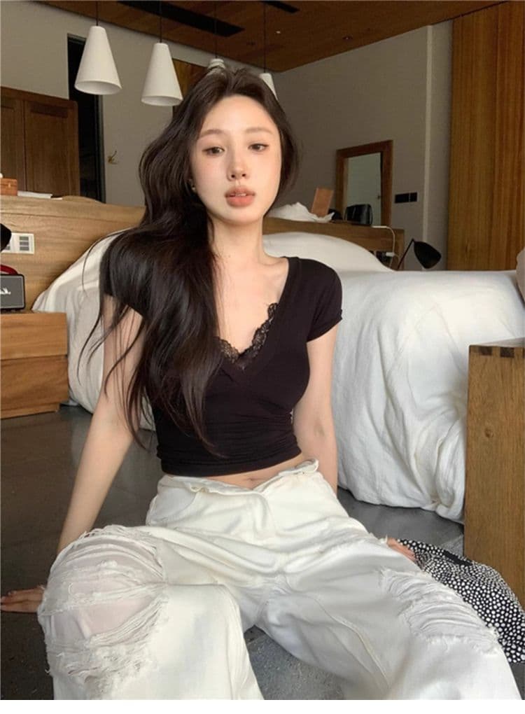 경관 그림 원본 품질 레이스 조각 V넥 반팔 긍정적 인 어깨 섹시함 순수한 욕망 몸매 가꾸기 티셔츠 상세 이미지 19