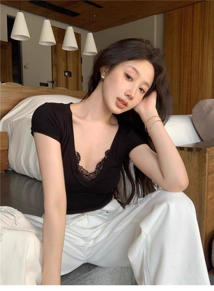 경관 그림 원본 품질 레이스 조각 V넥 반팔 긍정적 인 어깨 섹시함 순수한 욕망 몸매 가꾸기 티셔츠 상세 이미지 20