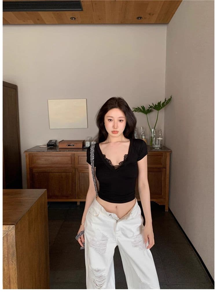 경관 그림 원본 품질 레이스 조각 V넥 반팔 긍정적 인 어깨 섹시함 순수한 욕망 몸매 가꾸기 티셔츠 상세 이미지 21