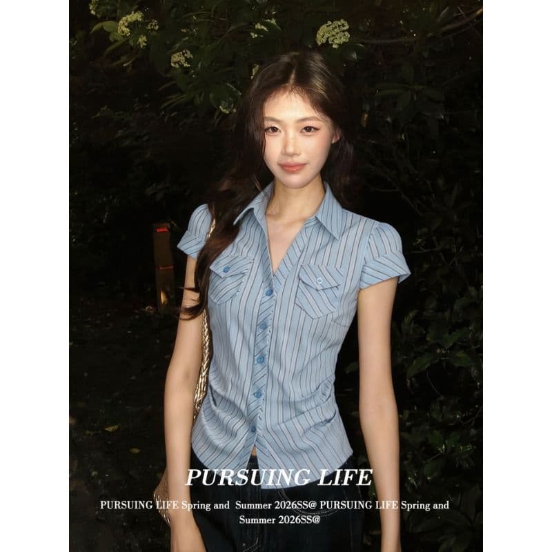 원본 자카드 파란색 스트라이프 반팔 여성 셔츠 여름 주머니 꼬집기 허리 셔츠 몸매 가꾸기 슬림해 보이는 맨위 이미지 3