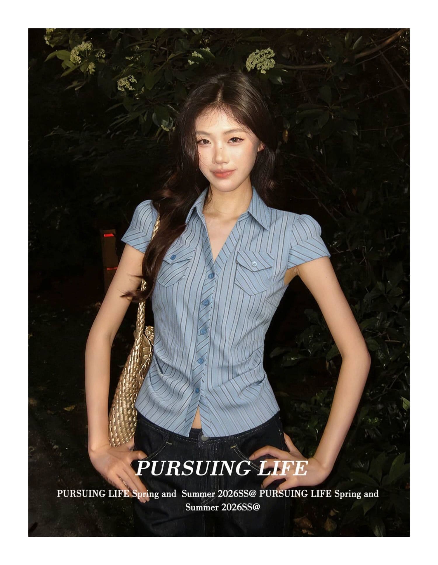 원본 자카드 파란색 스트라이프 반팔 여성 셔츠 여름 주머니 꼬집기 허리 셔츠 몸매 가꾸기 슬림해 보이는 맨위 상세 이미지 2