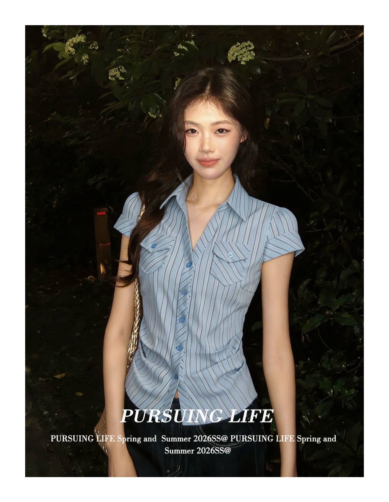원본 자카드 파란색 스트라이프 반팔 여성 셔츠 여름 주머니 꼬집기 허리 셔츠 몸매 가꾸기 슬림해 보이는 맨위 상세 이미지 3