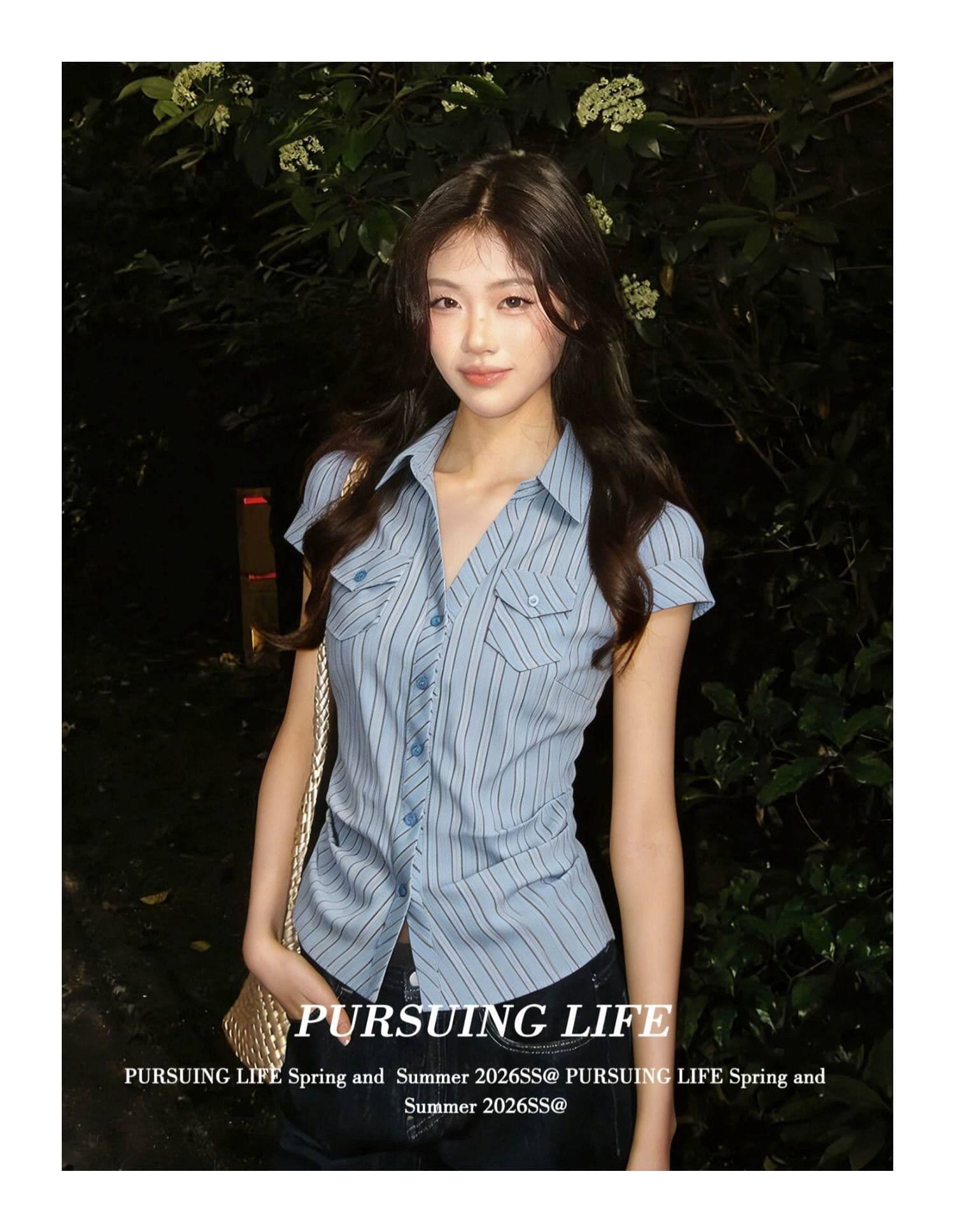 원본 자카드 파란색 스트라이프 반팔 여성 셔츠 여름 주머니 꼬집기 허리 셔츠 몸매 가꾸기 슬림해 보이는 맨위 상세 이미지 4
