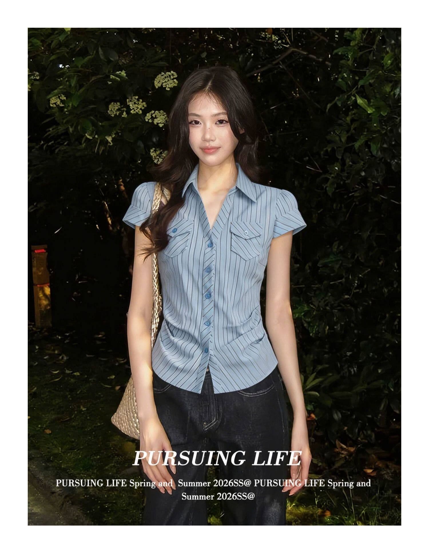 원본 자카드 파란색 스트라이프 반팔 여성 셔츠 여름 주머니 꼬집기 허리 셔츠 몸매 가꾸기 슬림해 보이는 맨위 상세 이미지 5