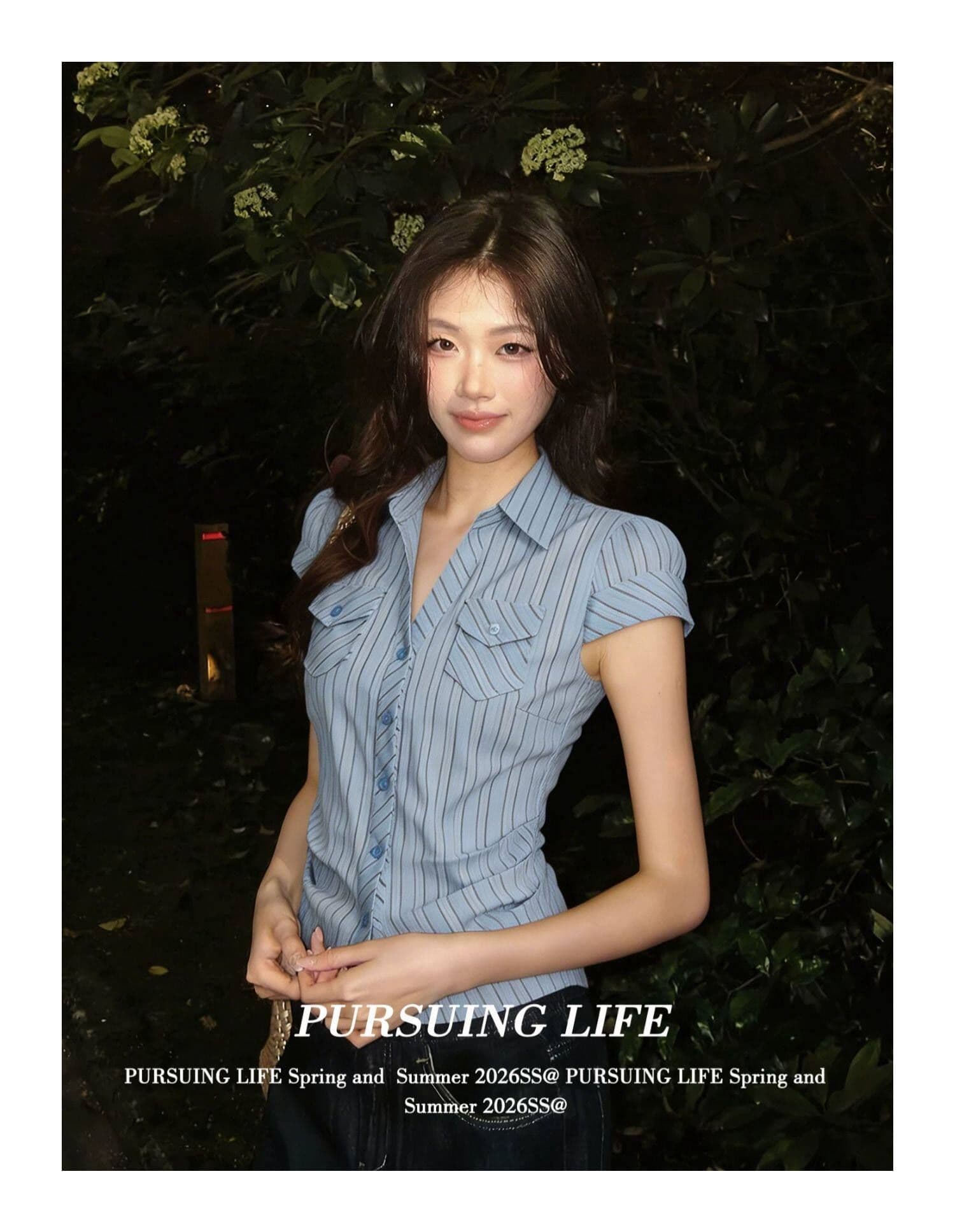원본 자카드 파란색 스트라이프 반팔 여성 셔츠 여름 주머니 꼬집기 허리 셔츠 몸매 가꾸기 슬림해 보이는 맨위 상세 이미지 6