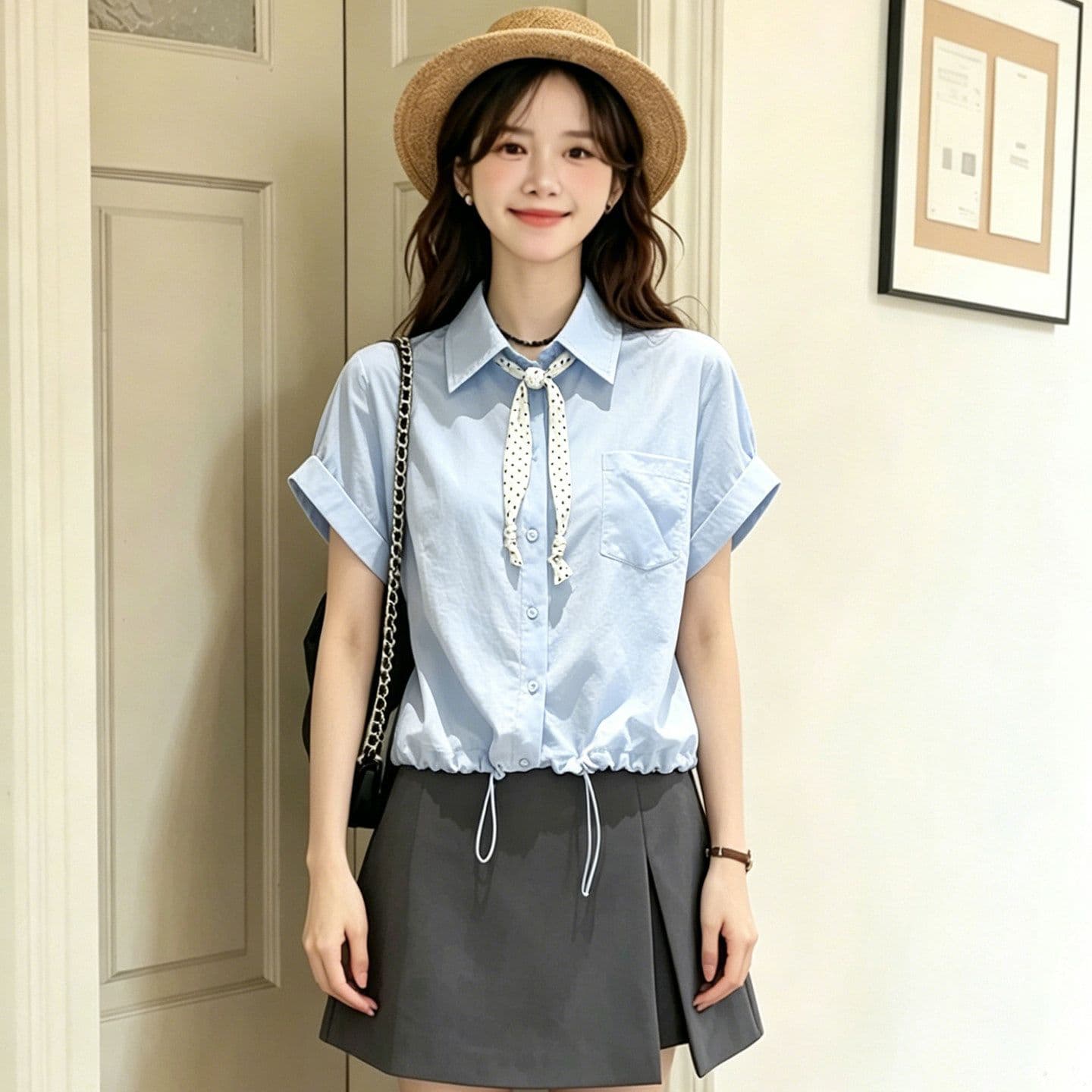 원본 것 디자인 센스 도트 무늬 레이스업 화이트 여성 셔츠 여름 루즈핏 반팔 셔츠 맨위 이미지 5