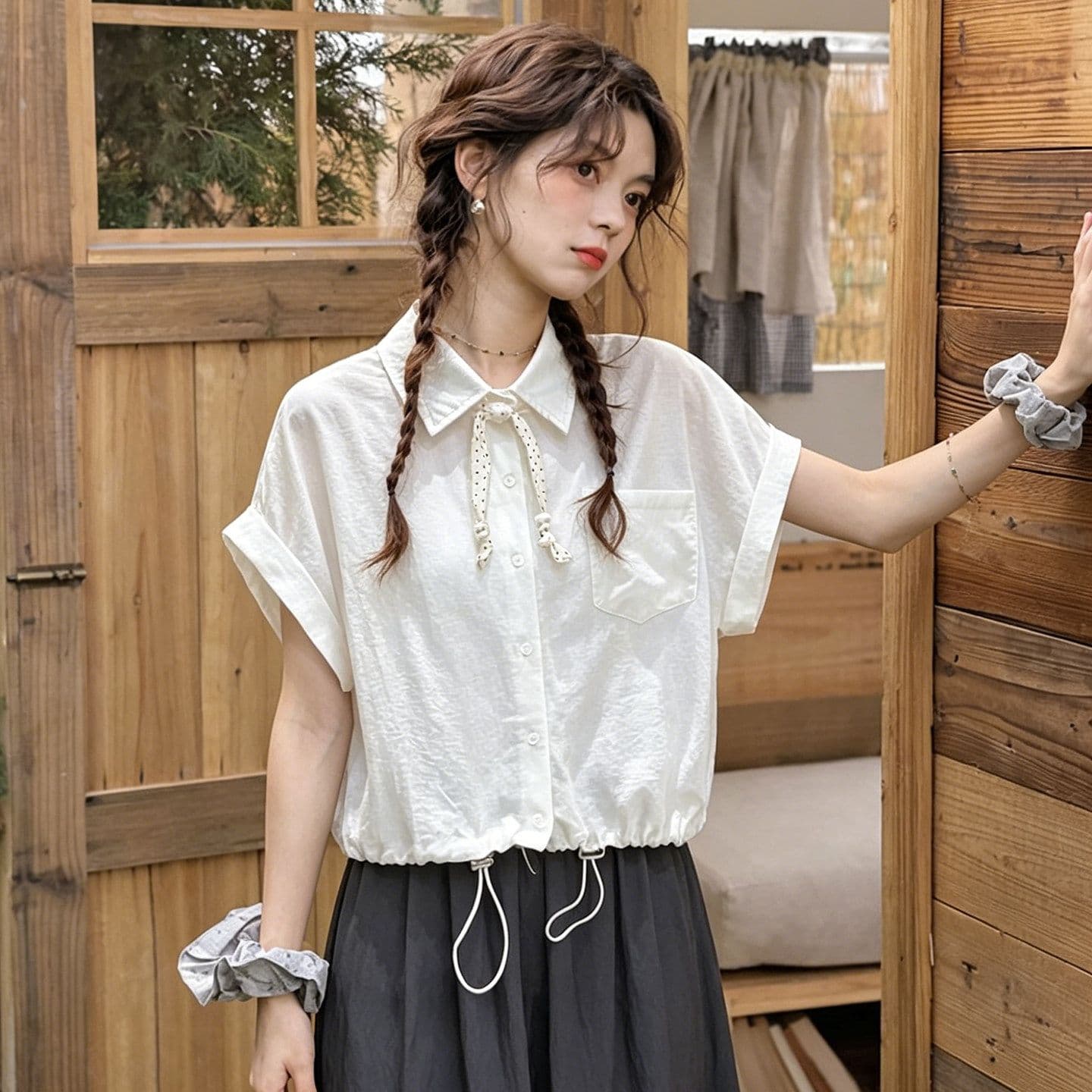 원본 것 디자인 센스 도트 무늬 레이스업 화이트 여성 셔츠 여름 루즈핏 반팔 셔츠 맨위 상세 이미지 4