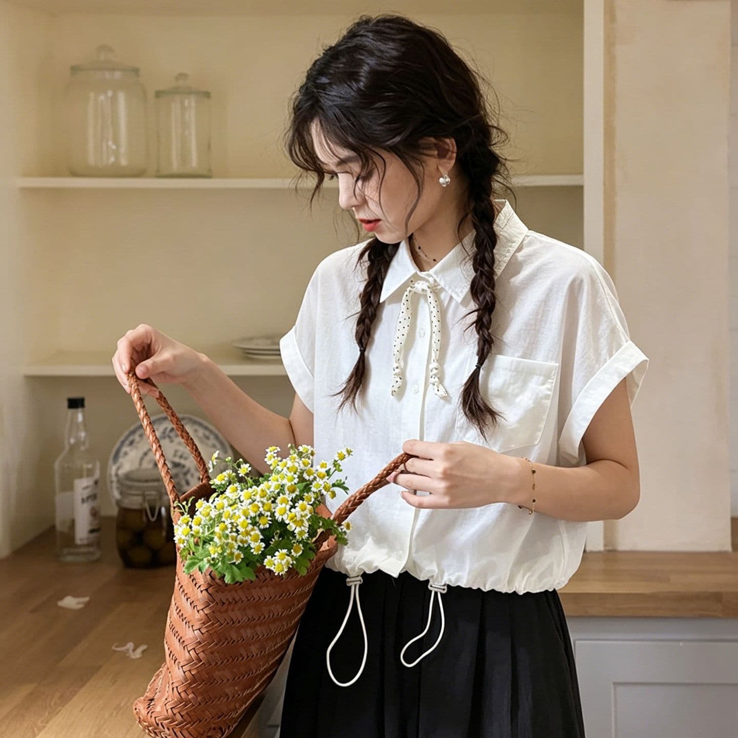 원본 것 디자인 센스 도트 무늬 레이스업 화이트 여성 셔츠 여름 루즈핏 반팔 셔츠 맨위 상세 이미지 7
