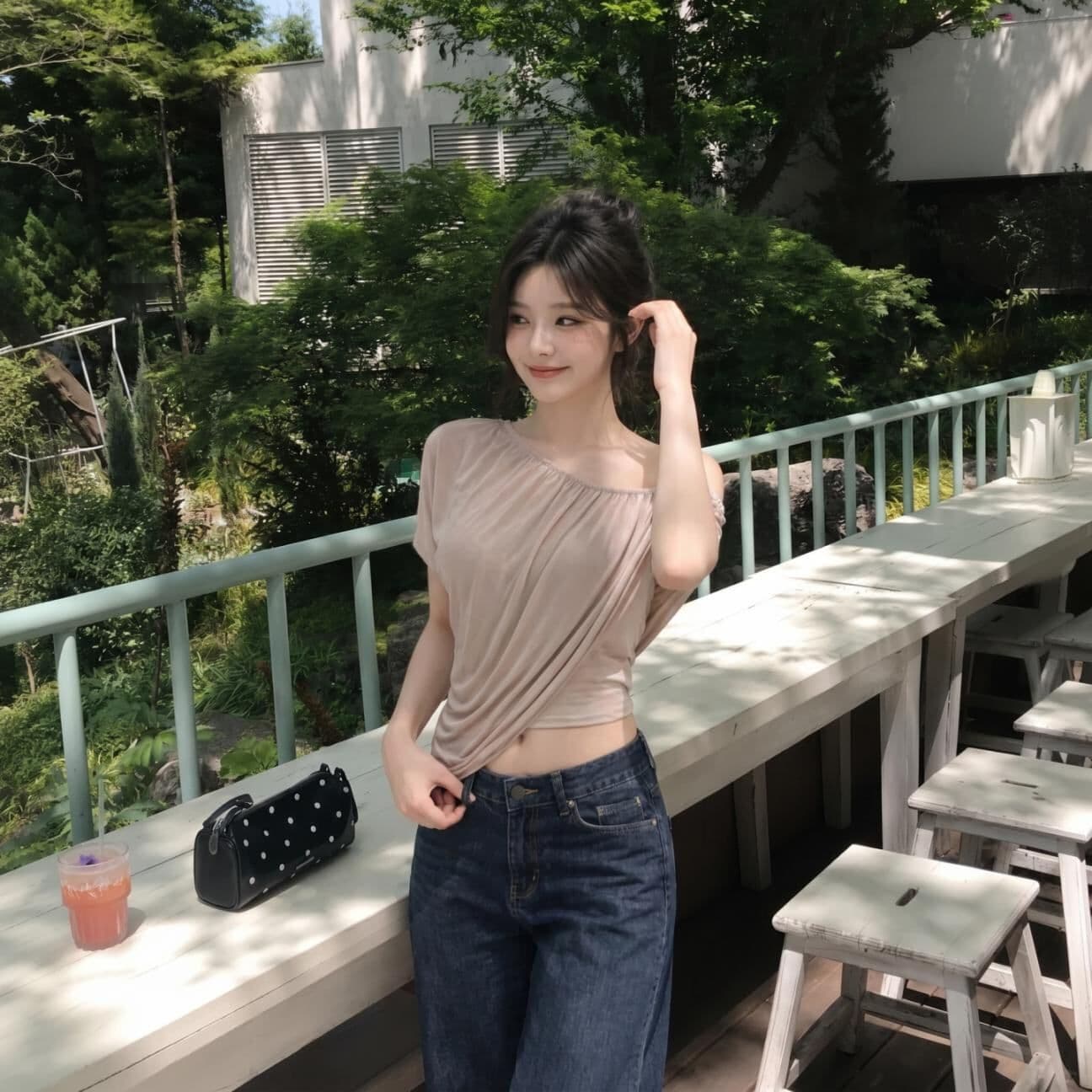 주간 실크 초박형 리브 비스듬한 어깨 단색 맨위 고급 센스 섹시함 오프숄더 핫걸 바람 여름 슬림해 보이는 반팔 상세 이미지 2