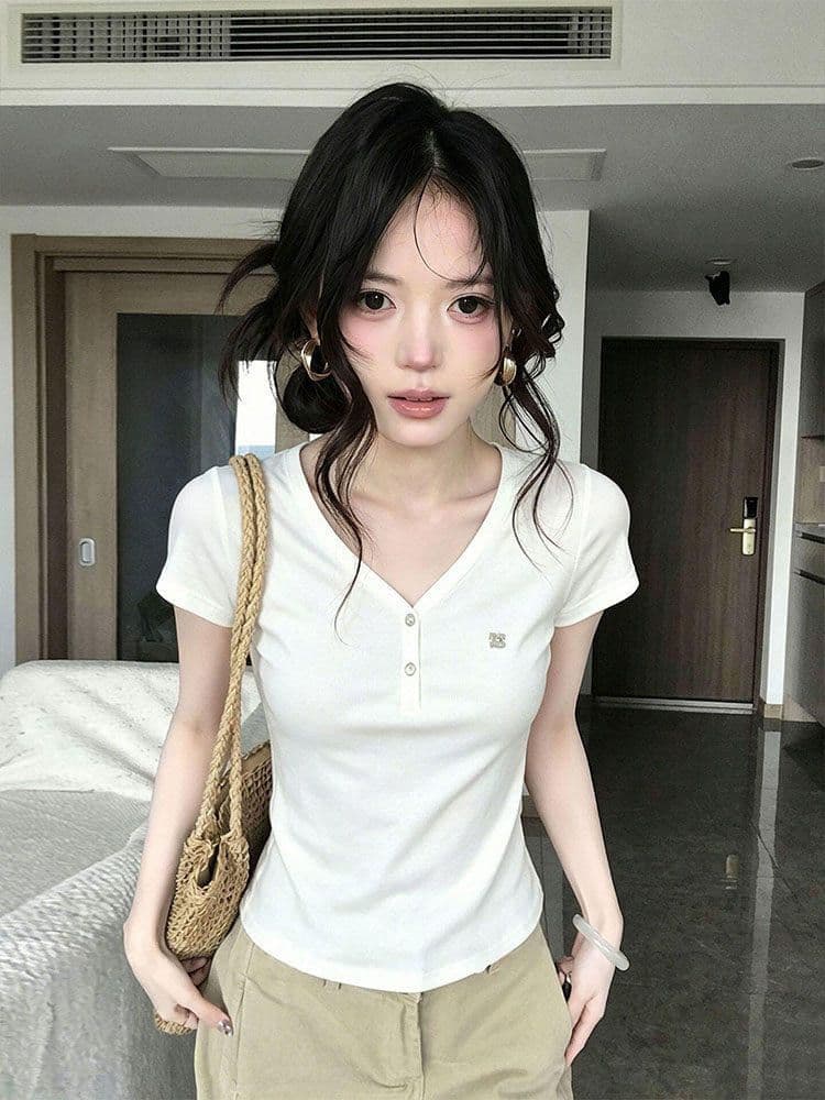 260 그램 사람들 면 아메리칸 화이트 V넥 티셔츠 여성 여름 다용도 긍정적 인 어깨 반팔 몸매 가꾸기 슬림해 보이는 맨위 상세 이미지 2