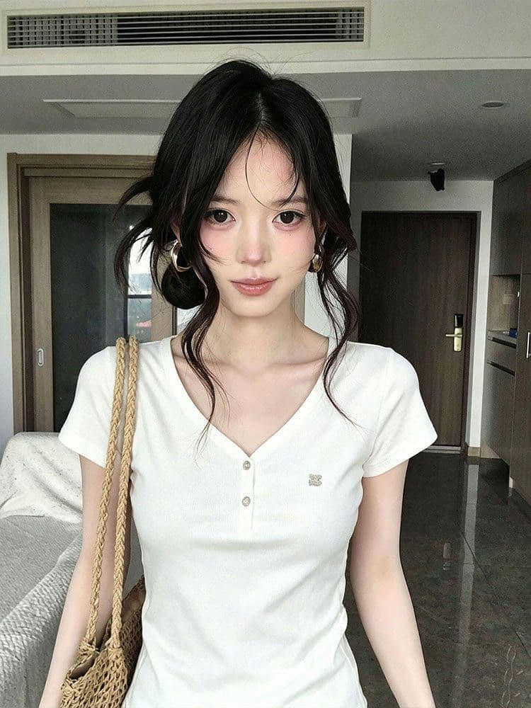 260 그램 사람들 면 아메리칸 화이트 V넥 티셔츠 여성 여름 다용도 긍정적 인 어깨 반팔 몸매 가꾸기 슬림해 보이는 맨위 상세 이미지 4
