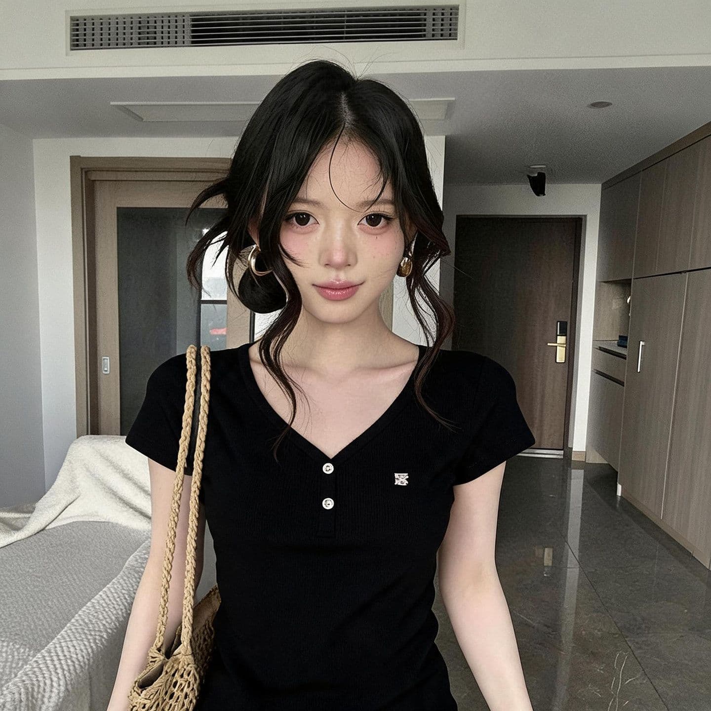 260 그램 사람들 면 아메리칸 화이트 V넥 티셔츠 여성 여름 다용도 긍정적 인 어깨 반팔 몸매 가꾸기 슬림해 보이는 맨위 상세 이미지 6