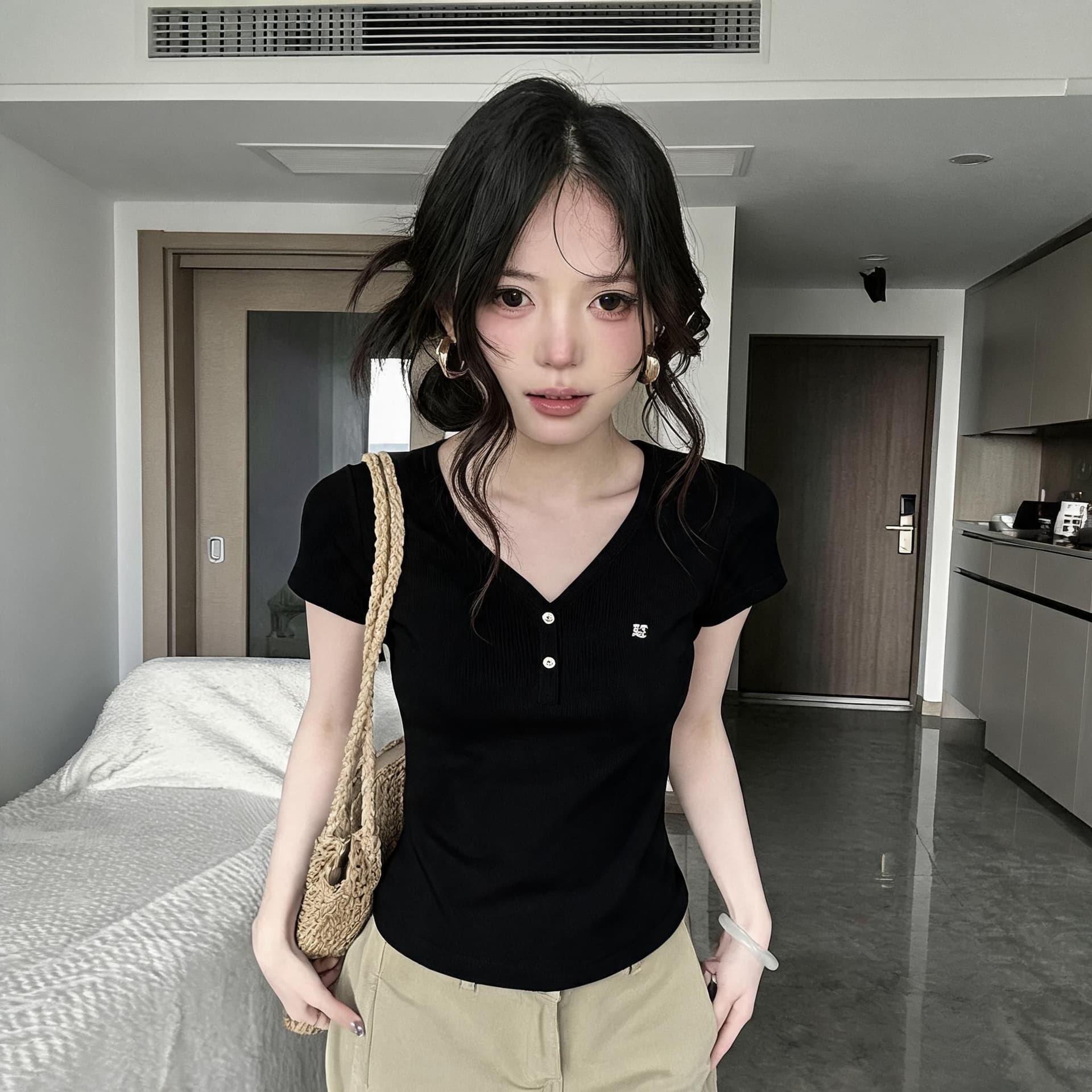 260 그램 사람들 면 아메리칸 화이트 V넥 티셔츠 여성 여름 다용도 긍정적 인 어깨 반팔 몸매 가꾸기 슬림해 보이는 맨위 상세 이미지 7