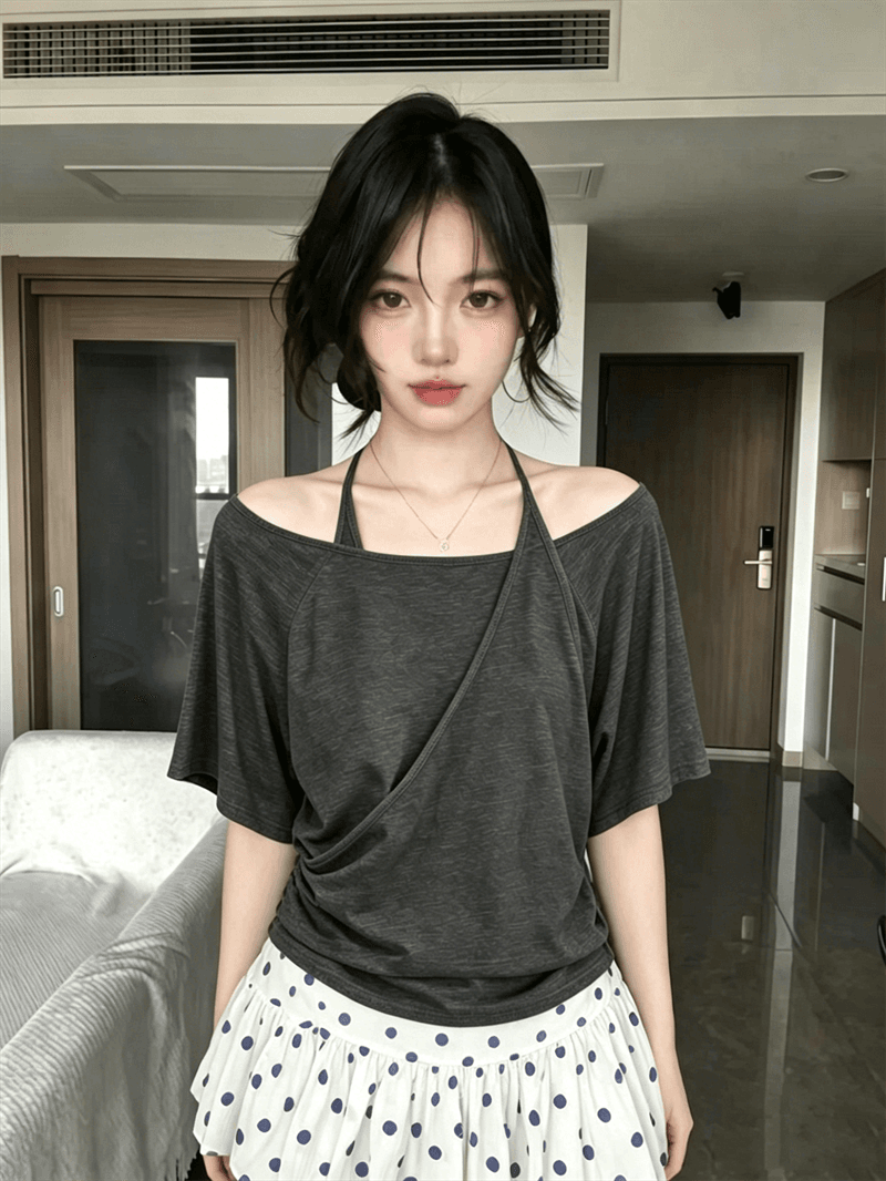컬러 코튼 당겨 프레임 페이크 레이어드 불규칙 십자가 행침 목 슬립 반팔 티셔츠 여성 여름 한 단어 오프숄더 맨위 상세 이미지 3