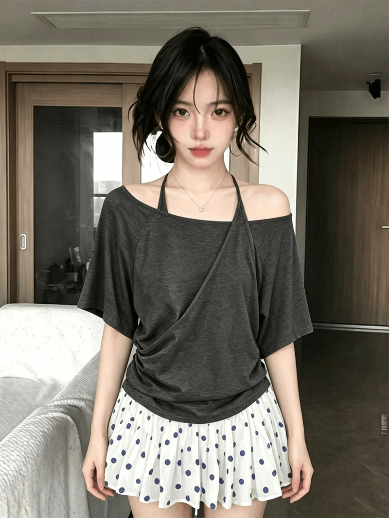 컬러 코튼 당겨 프레임 페이크 레이어드 불규칙 십자가 행침 목 슬립 반팔 티셔츠 여성 여름 한 단어 오프숄더 맨위 상세 이미지 6