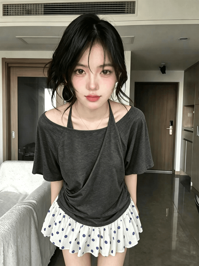 컬러 코튼 당겨 프레임 페이크 레이어드 불규칙 십자가 행침 목 슬립 반팔 티셔츠 여성 여름 한 단어 오프숄더 맨위 상세 이미지 8