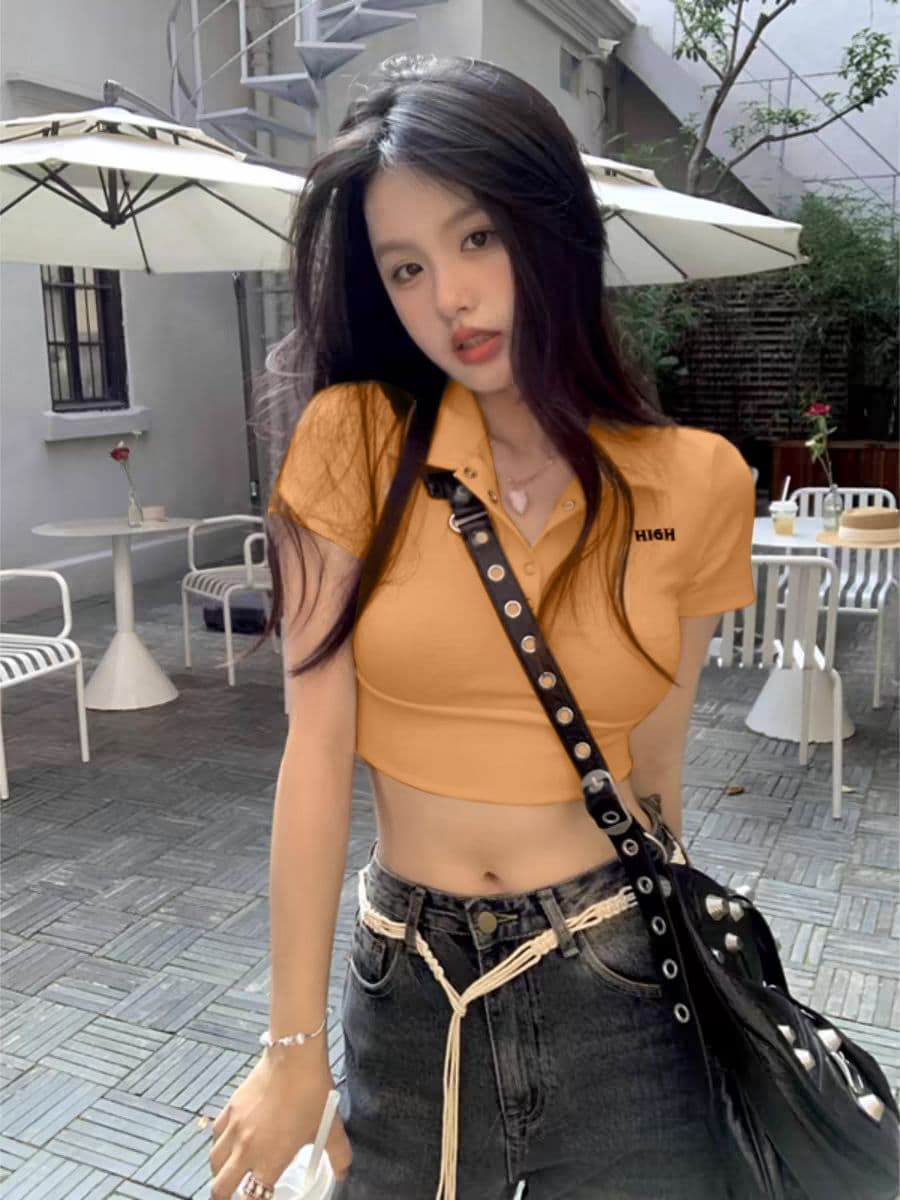 40 카운터 면 리브 아메리칸 POLO 칼라 반팔 긍정적 인 어깨 티셔츠 여성 몸매 가꾸기 슬림해 보이는 쇼트 스타일 핫걸 맨위