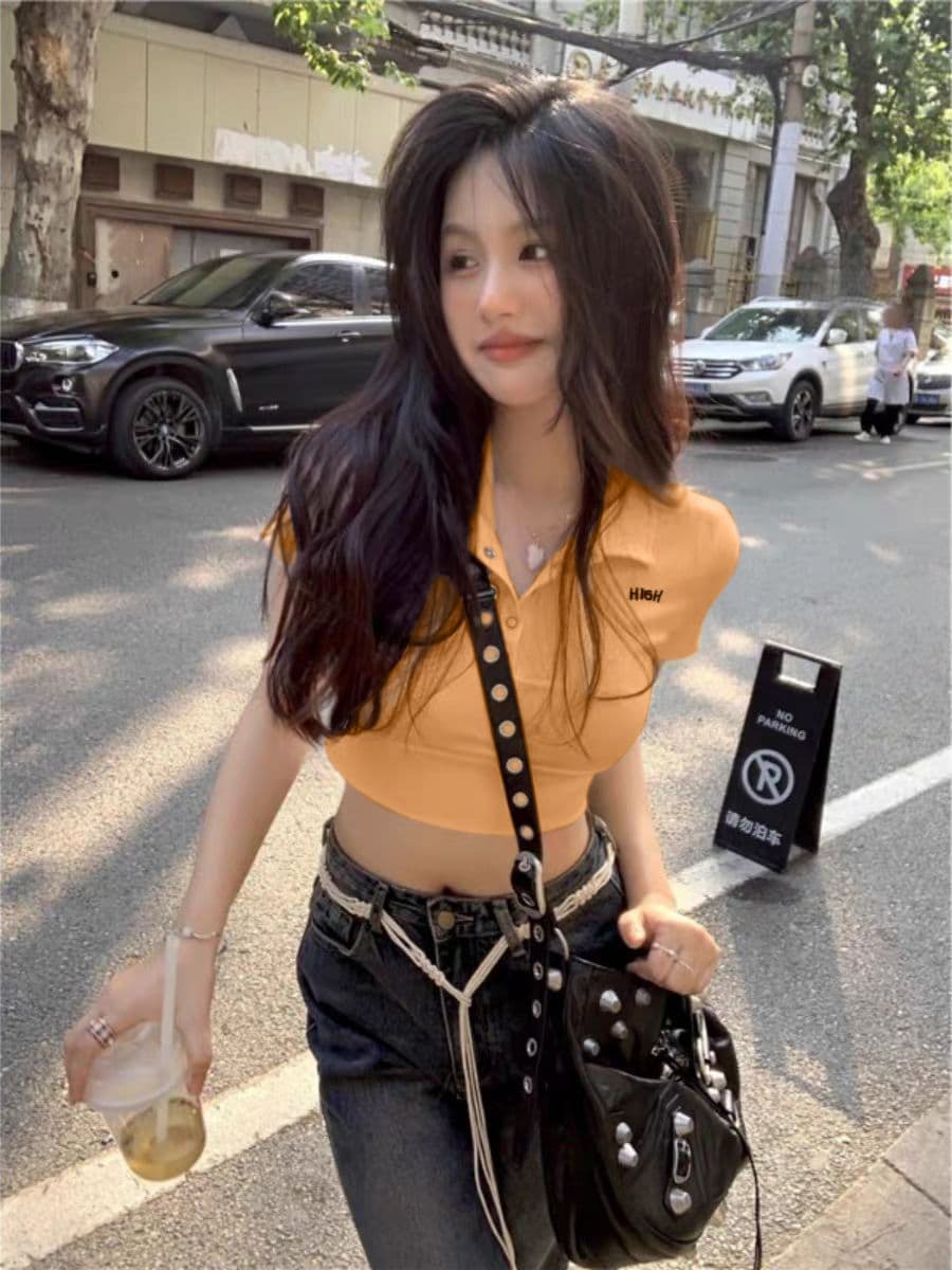 40 카운터 면 리브 아메리칸 POLO 칼라 반팔 긍정적 인 어깨 티셔츠 여성 몸매 가꾸기 슬림해 보이는 쇼트 스타일 핫걸 맨위 이미지 3