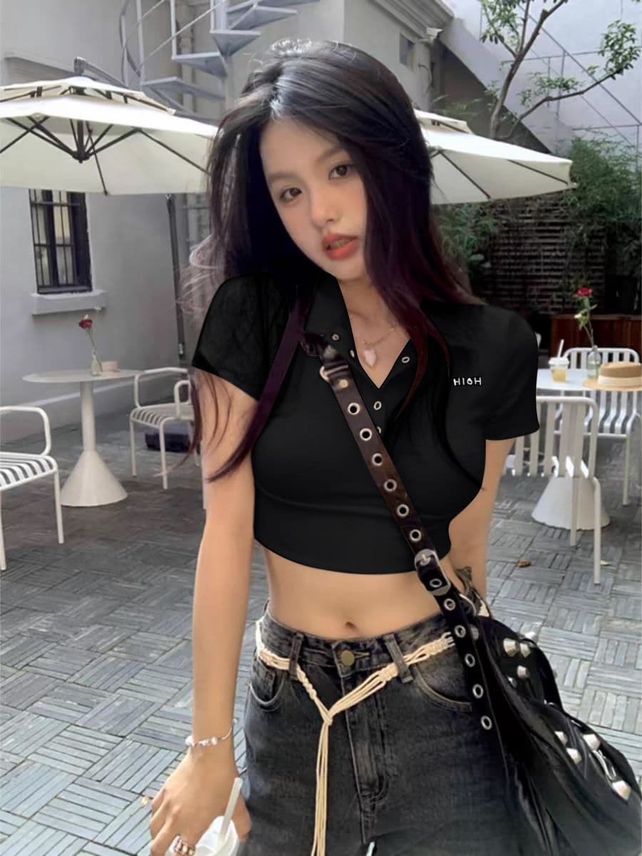 40 카운터 면 리브 아메리칸 POLO 칼라 반팔 긍정적 인 어깨 티셔츠 여성 몸매 가꾸기 슬림해 보이는 쇼트 스타일 핫걸 맨위 이미지 4