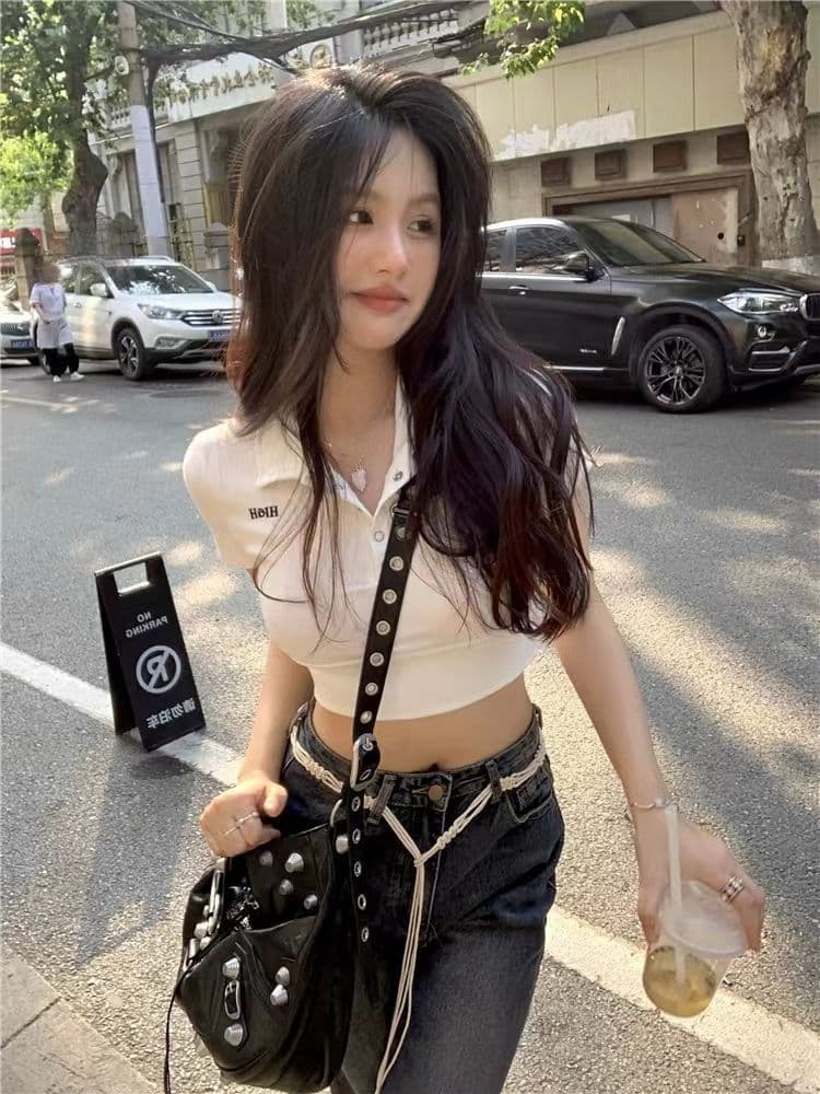 40 카운터 면 리브 아메리칸 POLO 칼라 반팔 긍정적 인 어깨 티셔츠 여성 몸매 가꾸기 슬림해 보이는 쇼트 스타일 핫걸 맨위 상세 이미지 2