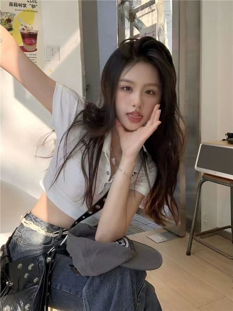40 카운터 면 리브 아메리칸 POLO 칼라 반팔 긍정적 인 어깨 티셔츠 여성 몸매 가꾸기 슬림해 보이는 쇼트 스타일 핫걸 맨위 상세 이미지 3