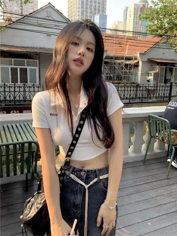 40 카운터 면 리브 아메리칸 POLO 칼라 반팔 긍정적 인 어깨 티셔츠 여성 몸매 가꾸기 슬림해 보이는 쇼트 스타일 핫걸 맨위 상세 이미지 10