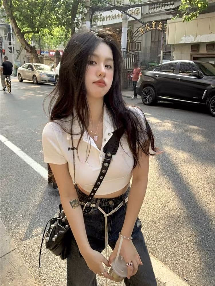 40 카운터 면 리브 아메리칸 POLO 칼라 반팔 긍정적 인 어깨 티셔츠 여성 몸매 가꾸기 슬림해 보이는 쇼트 스타일 핫걸 맨위 상세 이미지 12