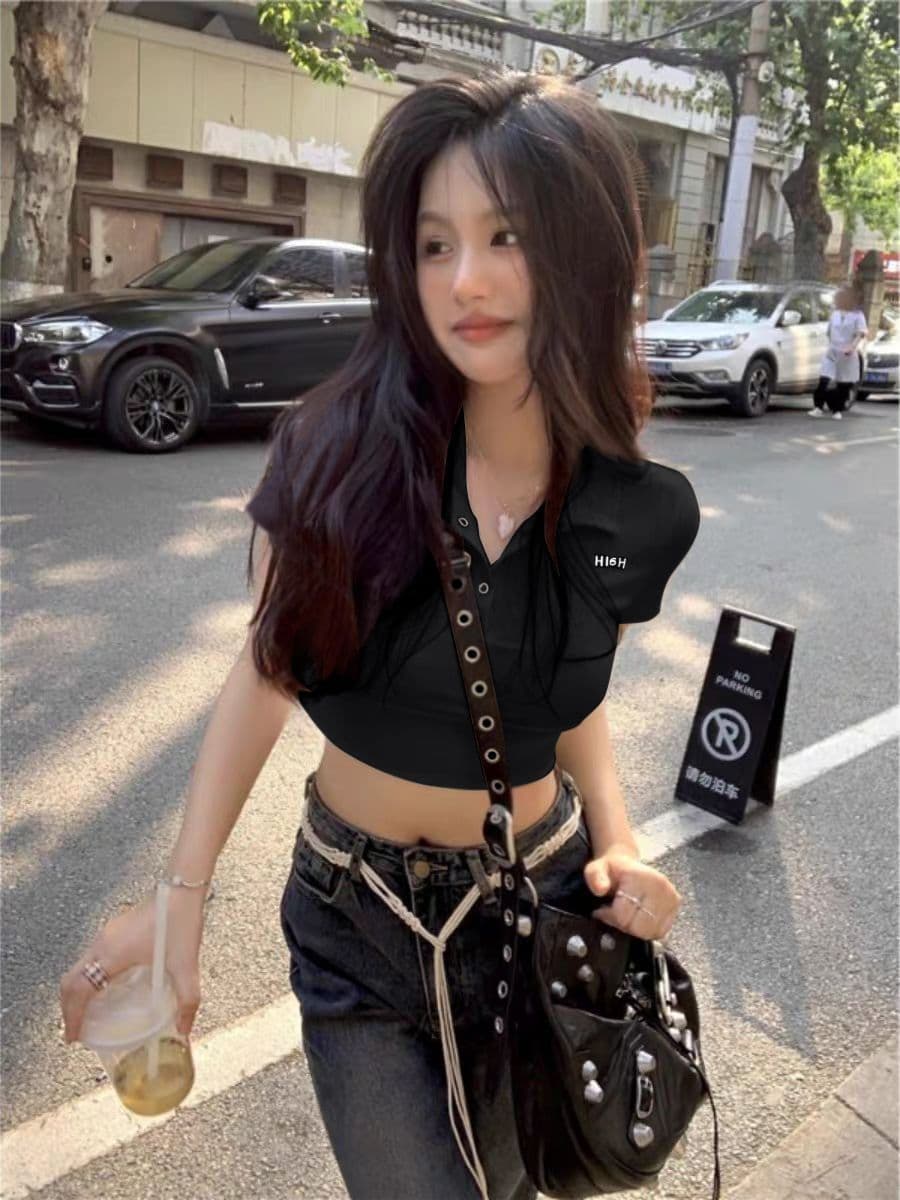 40 카운터 면 리브 아메리칸 POLO 칼라 반팔 긍정적 인 어깨 티셔츠 여성 몸매 가꾸기 슬림해 보이는 쇼트 스타일 핫걸 맨위 상세 이미지 17
