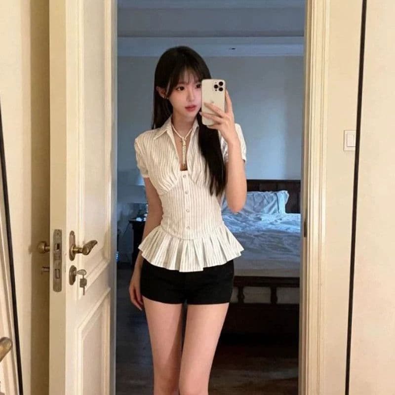 광저우 원본 품질 스트라이프 허리 수축 프릴 폴로 칼라 반팔 여성 셔츠 여름 뒤로 스트랩 맨위