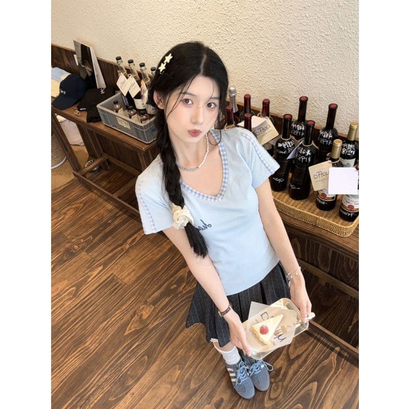 40 모방 면 리브 아메리칸 핫걸 파란색 V넥 반팔 티셔츠 여성 26 아모이 디자인 허리 수축 슬림해 보이는 맨위 상세 이미지 12