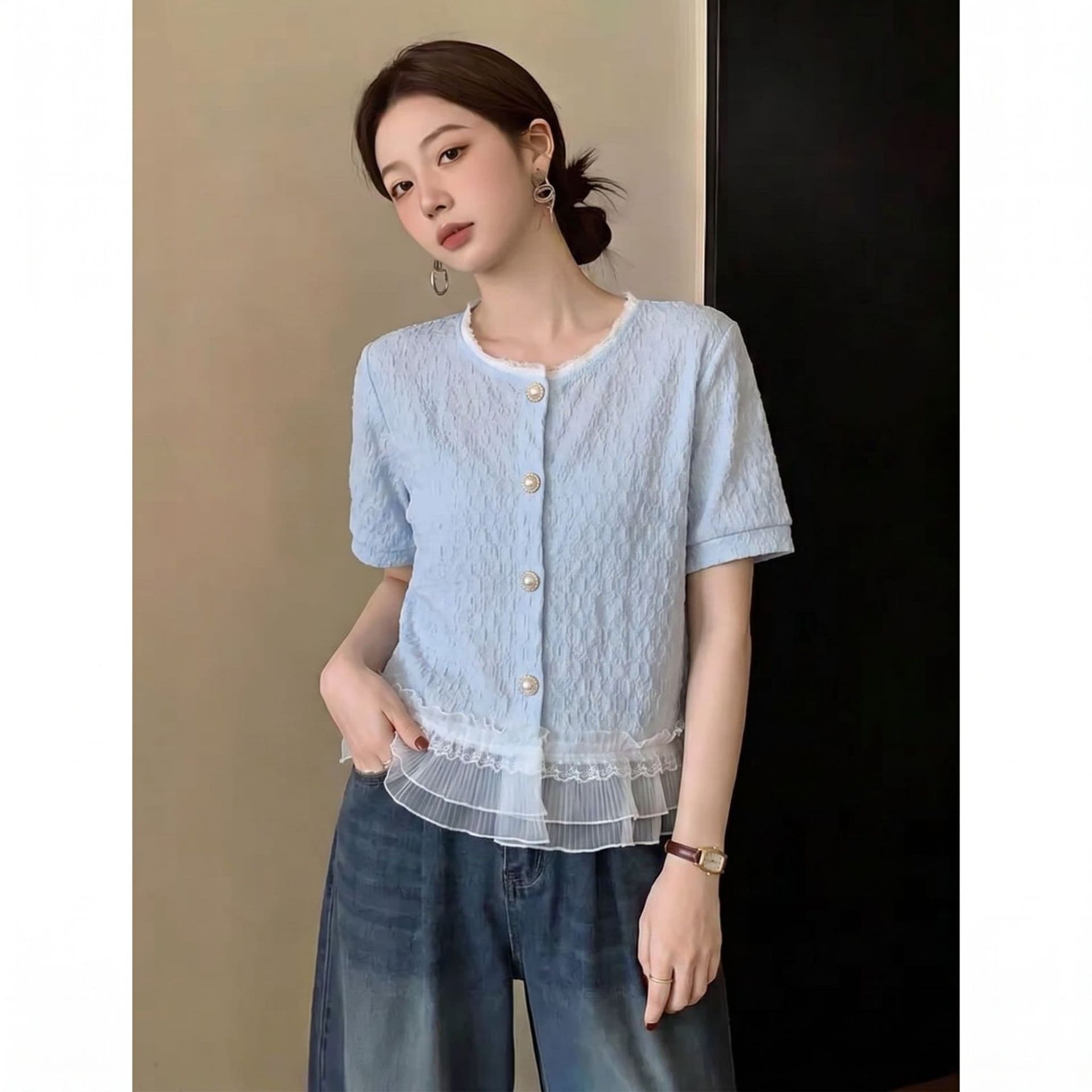 프랑스식 작은 샤넬 스타일 레이스 레이스 반팔 여성 셔츠 여름 빅 사이즈 지방 mm 패션 디자인 센스 품격 슬림해 보이는 맨위 이미지 3