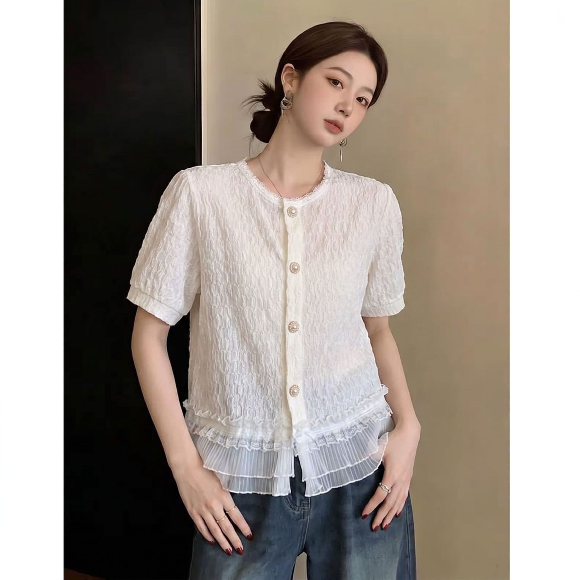 프랑스식 작은 샤넬 스타일 레이스 레이스 반팔 여성 셔츠 여름 빅 사이즈 지방 mm 패션 디자인 센스 품격 슬림해 보이는 맨위 상세 이미지 7