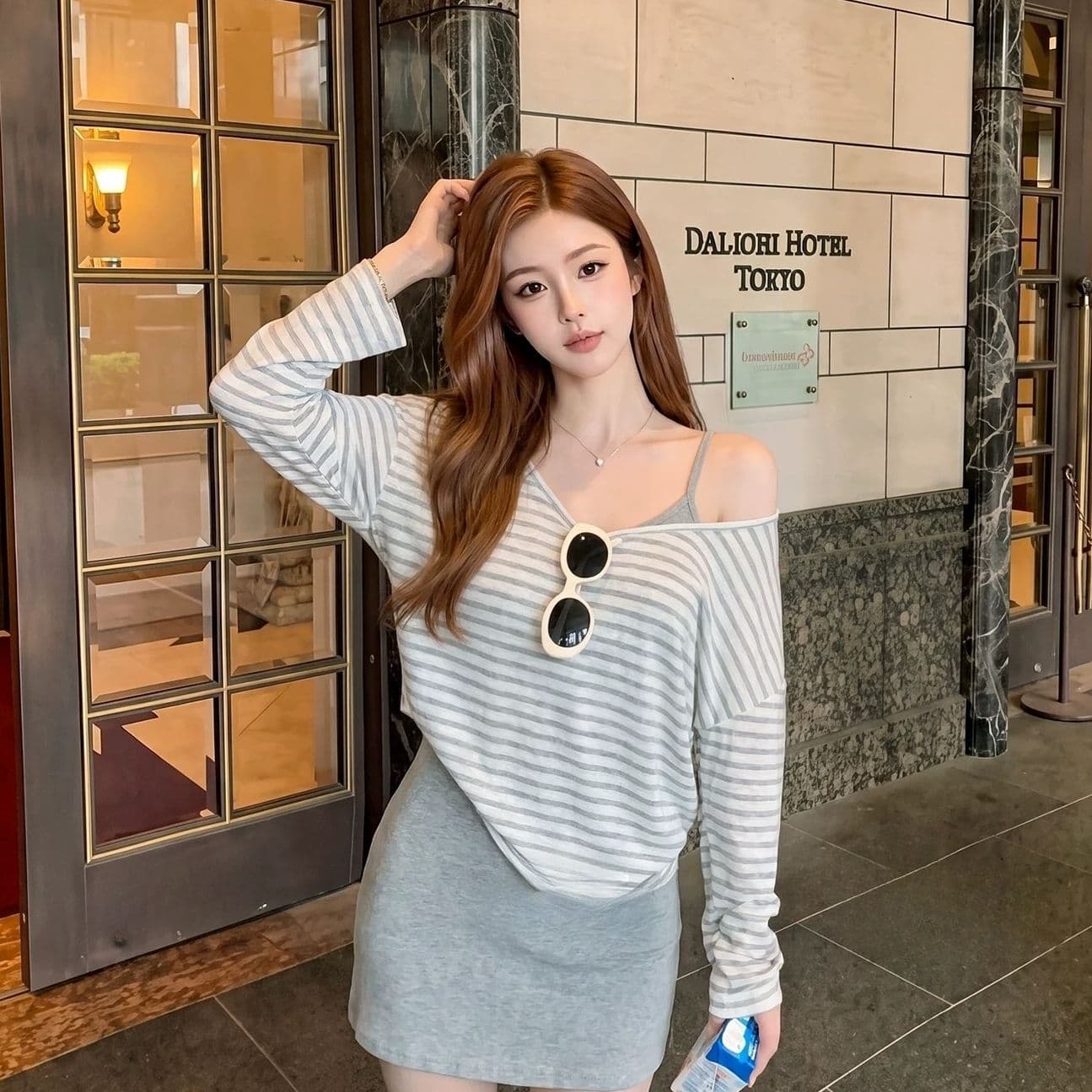 라이 경기 서울 주간 실크 눈꽃 여름 새로운 다용도 루즈핏 느긋한 비스듬한 어깨 긴팔 티셔츠 맨위 이미지 3