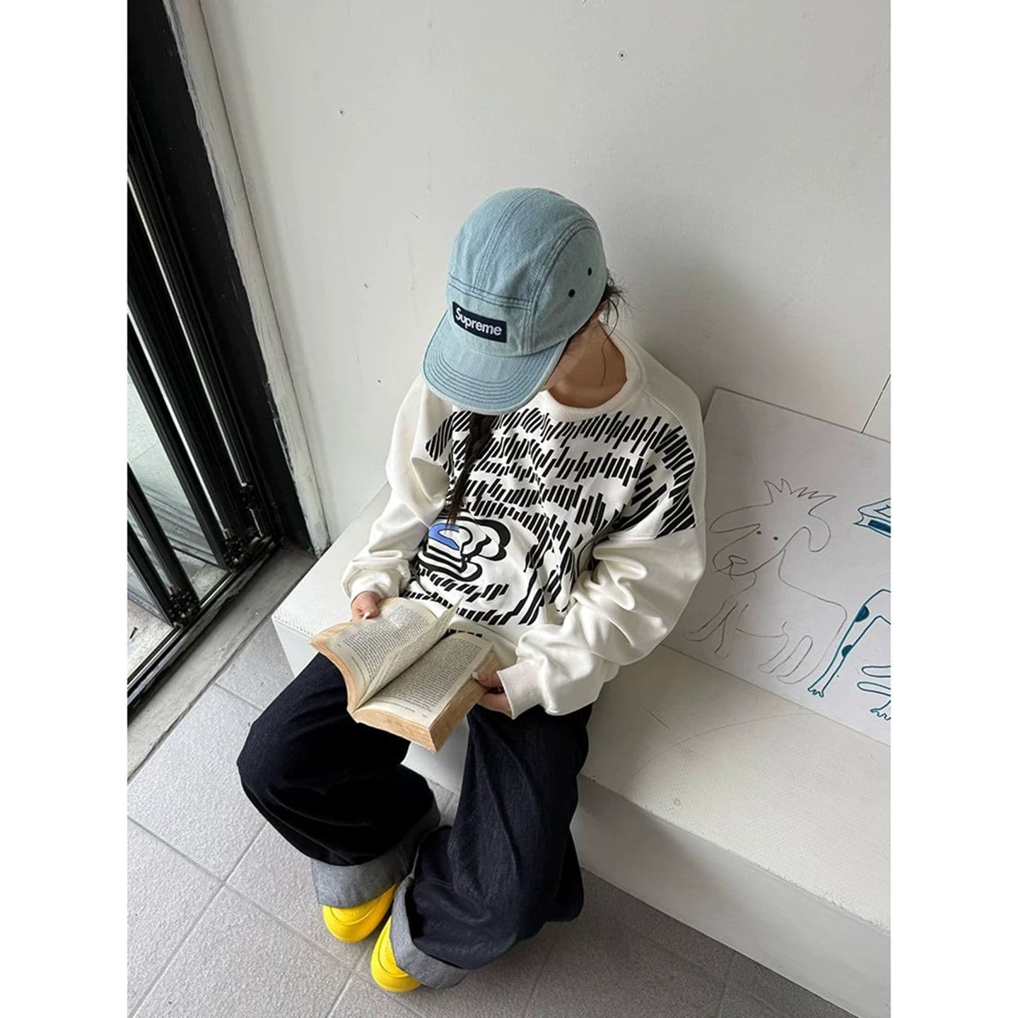 경관 그림 350 그램 후아 면 복합 우유 실크 알파벳 프린트 가을 겨울 루즈핏 캐주얼 긴팔 이미지 5