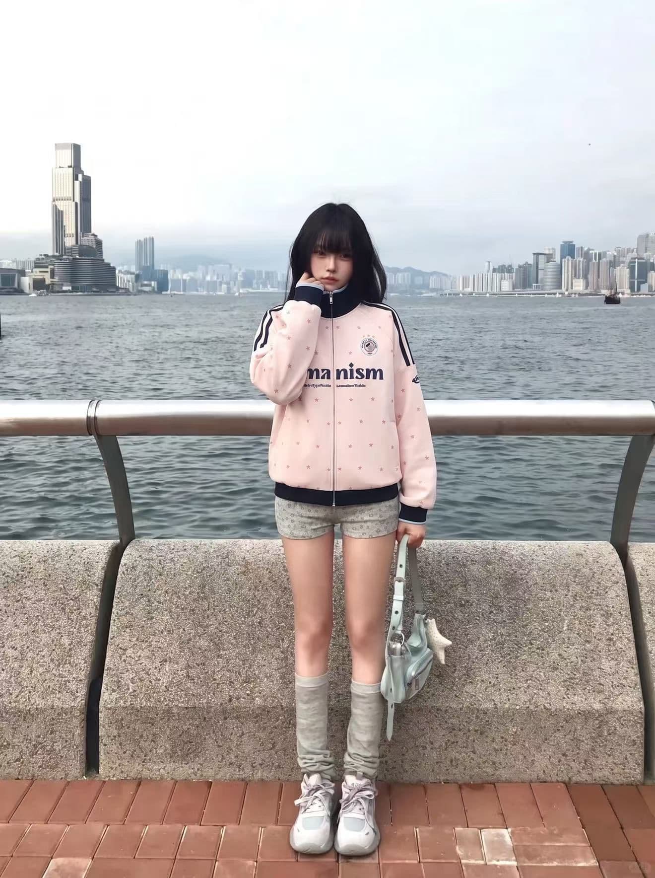 후아 면 원단 원본 솜씨 학원 스타일 별 프린트 스탠드 칼라 오픈 가디건 지퍼 후드티 재킷 남녀 가을 겨울 상세 이미지 7