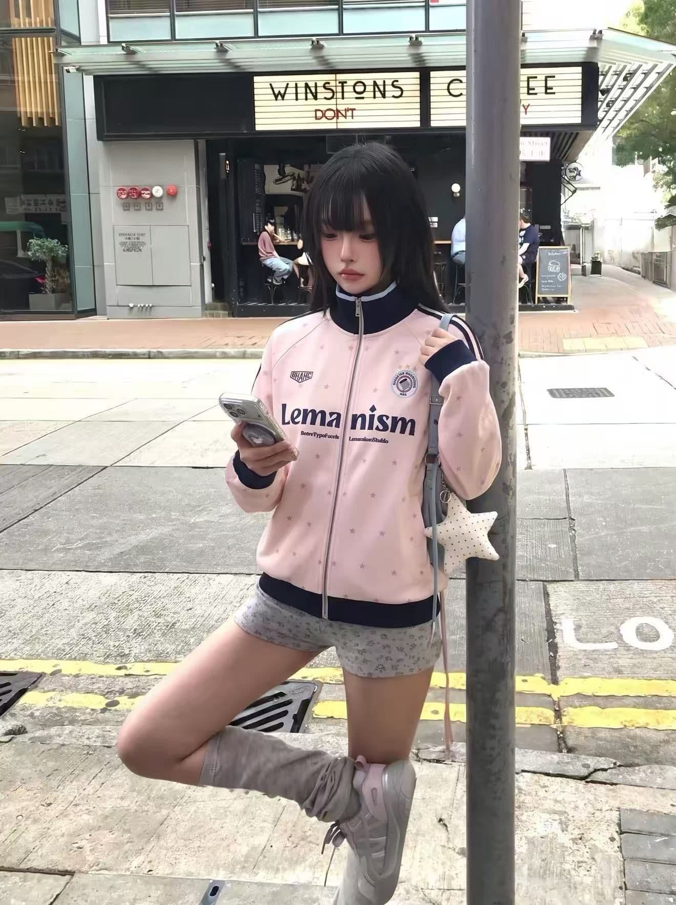 후아 면 원단 원본 솜씨 학원 스타일 별 프린트 스탠드 칼라 오픈 가디건 지퍼 후드티 재킷 남녀 가을 겨울 상세 이미지 9